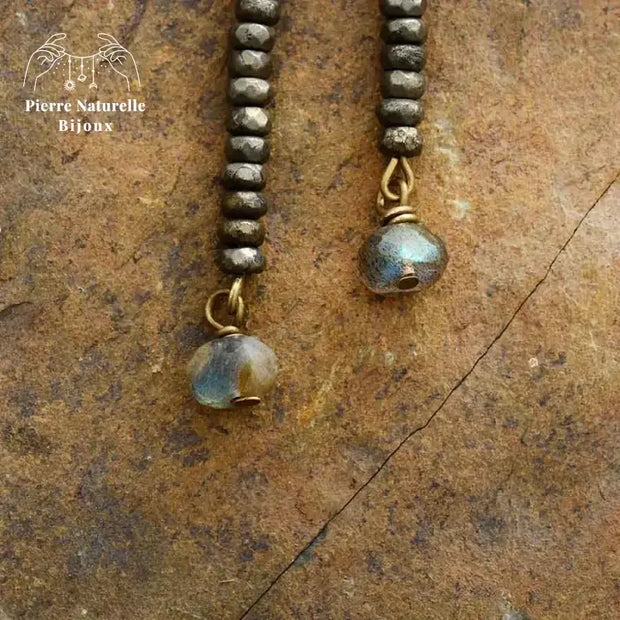 Boucle d'oreilles "Etincelle" en Pyrite et Labradorite | Boucles d'Oreilles | pierre naturelle bijoux