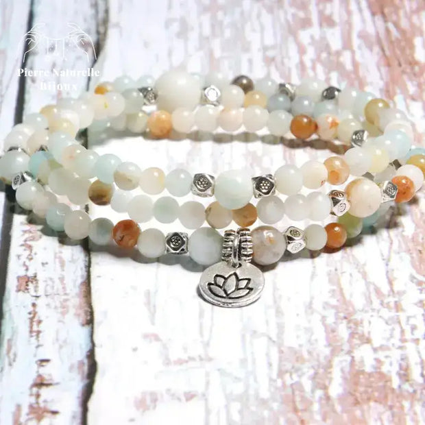 Bracelet mala 108 perles en Amazonite avec charm lotus | Bracelets | pierre naturelle bijoux