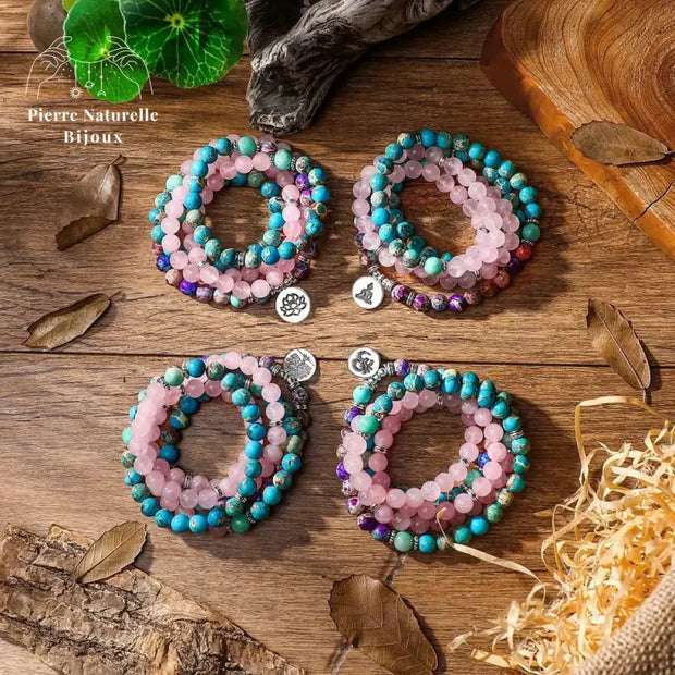 Bracelet mala en Quartz rose, Amazonite, Jaspe impérial et Turquoise | Bracelets | pierre naturelle bijoux