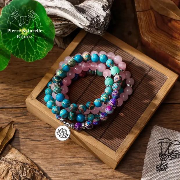 Bracelet mala en Quartz rose, Amazonite, Jaspe impérial et Turquoise | Bracelets | pierre naturelle bijoux