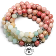 Bracelet mala "Lotus" en Rhodochrosite et Amazonite avec charm | Bracelets | pierre naturelle bijoux