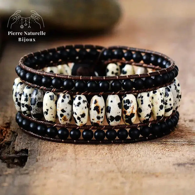 Bracelet wrap en Jaspe dalmatien et Onyx | Bracelets | pierre naturelle bijoux