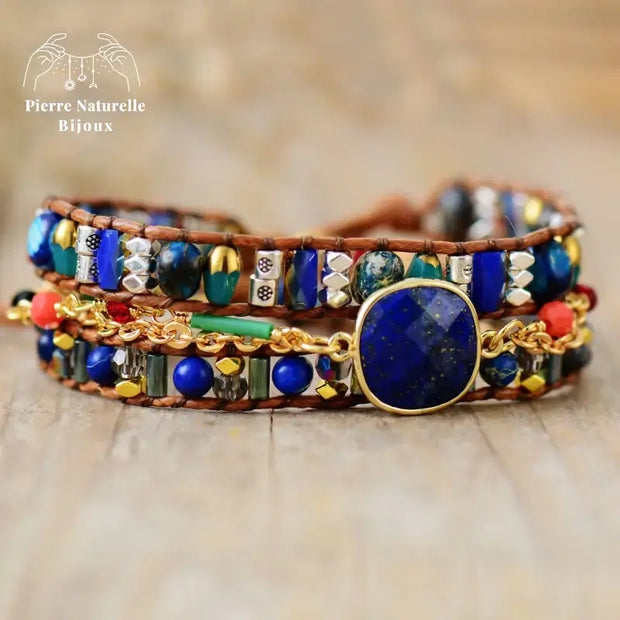 Bracelet wrap en Lapis-lazuli, Cristal et Turquoise | Bracelets | pierre naturelle bijoux