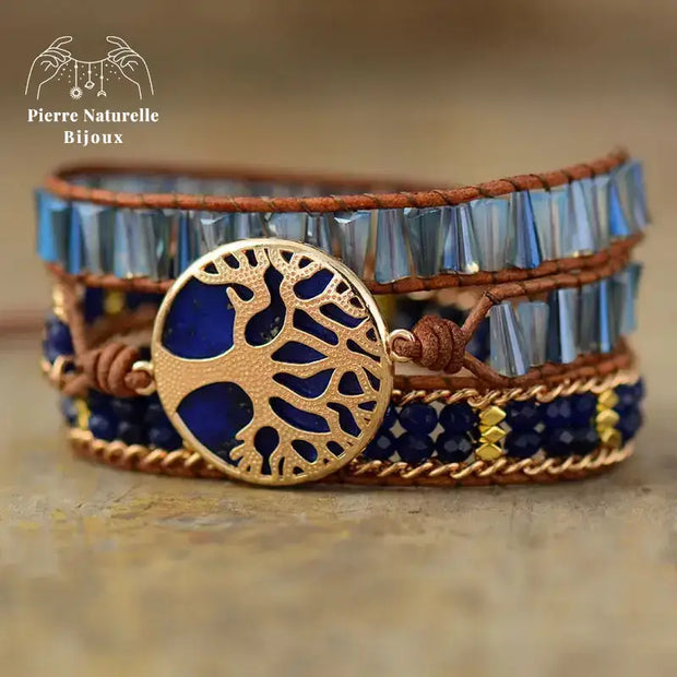 Bracelet wrap "Arbre de vie" en Lapis-lazuli et Cristal | Bracelets | pierre naturelle bijoux