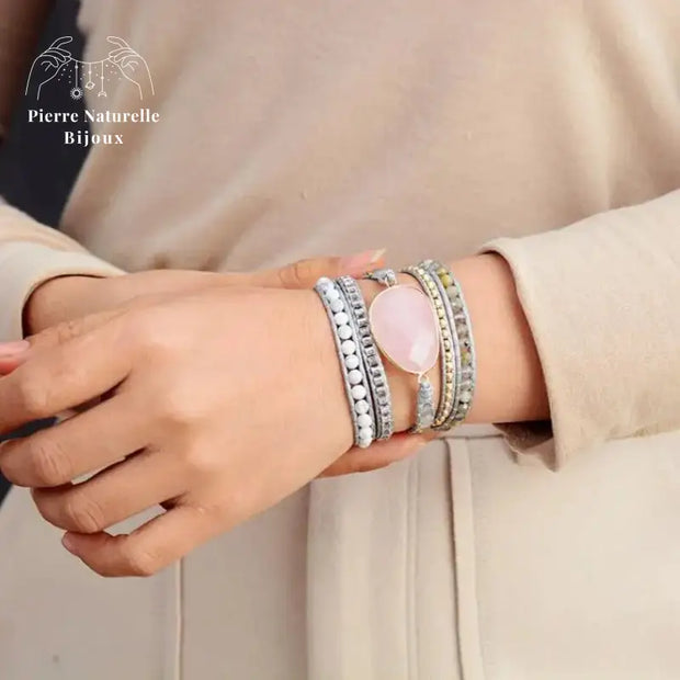 Bracelet wrap "Célébrité" en Quartz rose, Labradorite et Howlite | Bracelets | pierre naturelle bijoux