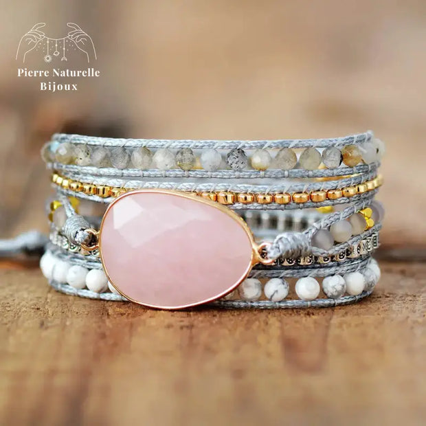 Bracelet wrap "Célébrité" en Quartz rose, Labradorite et Howlite | Bracelets | pierre naturelle bijoux
