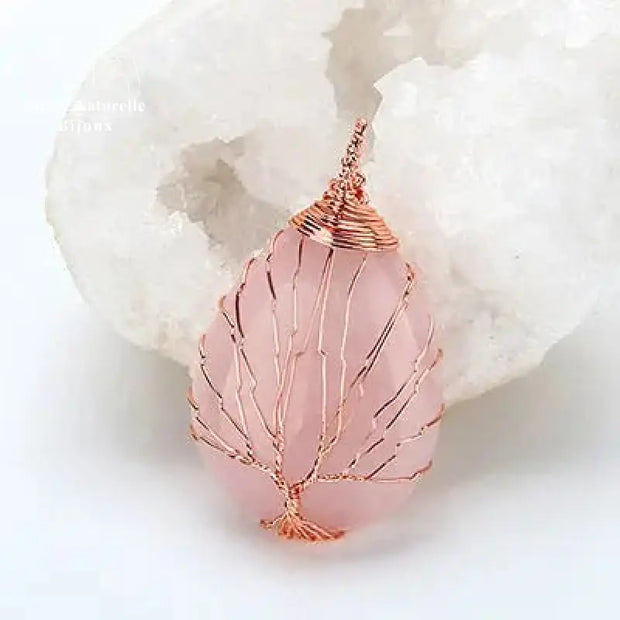 Collier "Arbre de vie" en quartz rose